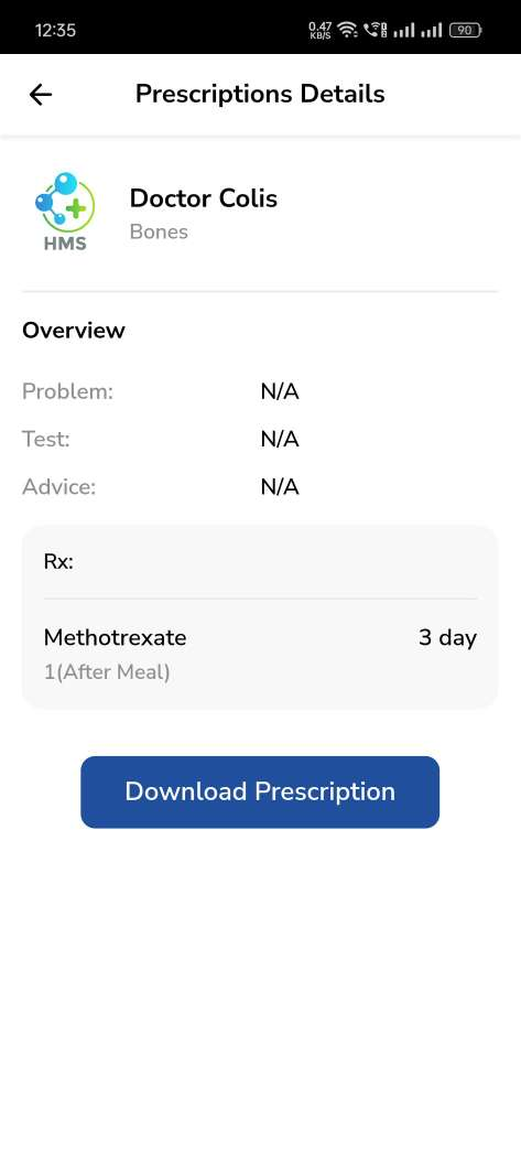 Hospital Management System — patient app — Prescription Detail